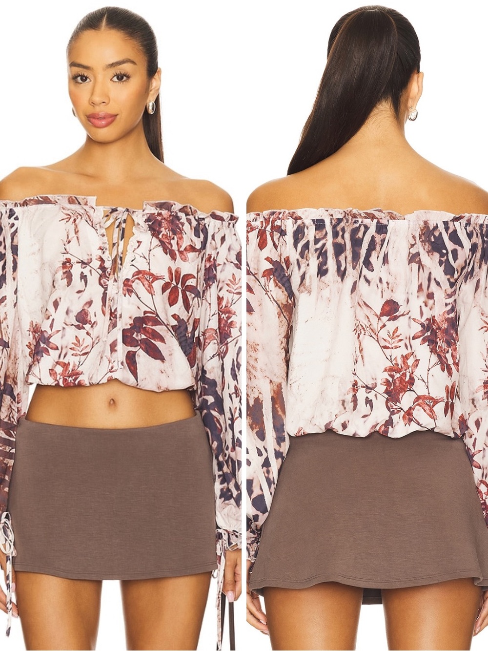 NWT More To Come x Revolve Davina Off Shoulder Top in Brown Multi